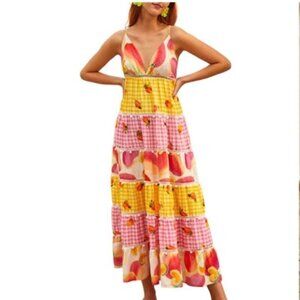 Farm Rio Mixed Picnic Cashew Maxi Dress - Size Medium